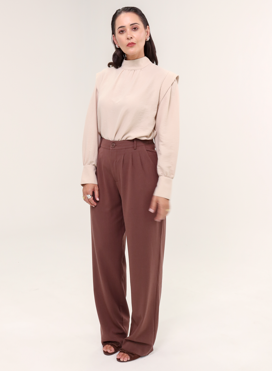 Blusa Tecido Plano Gola Alta Magy - Bege