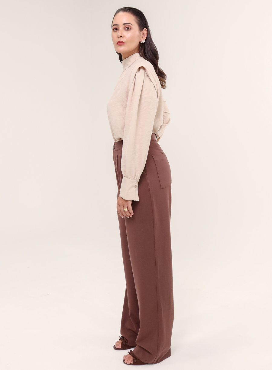 Blusa Tecido Plano Gola Alta Magy - Bege