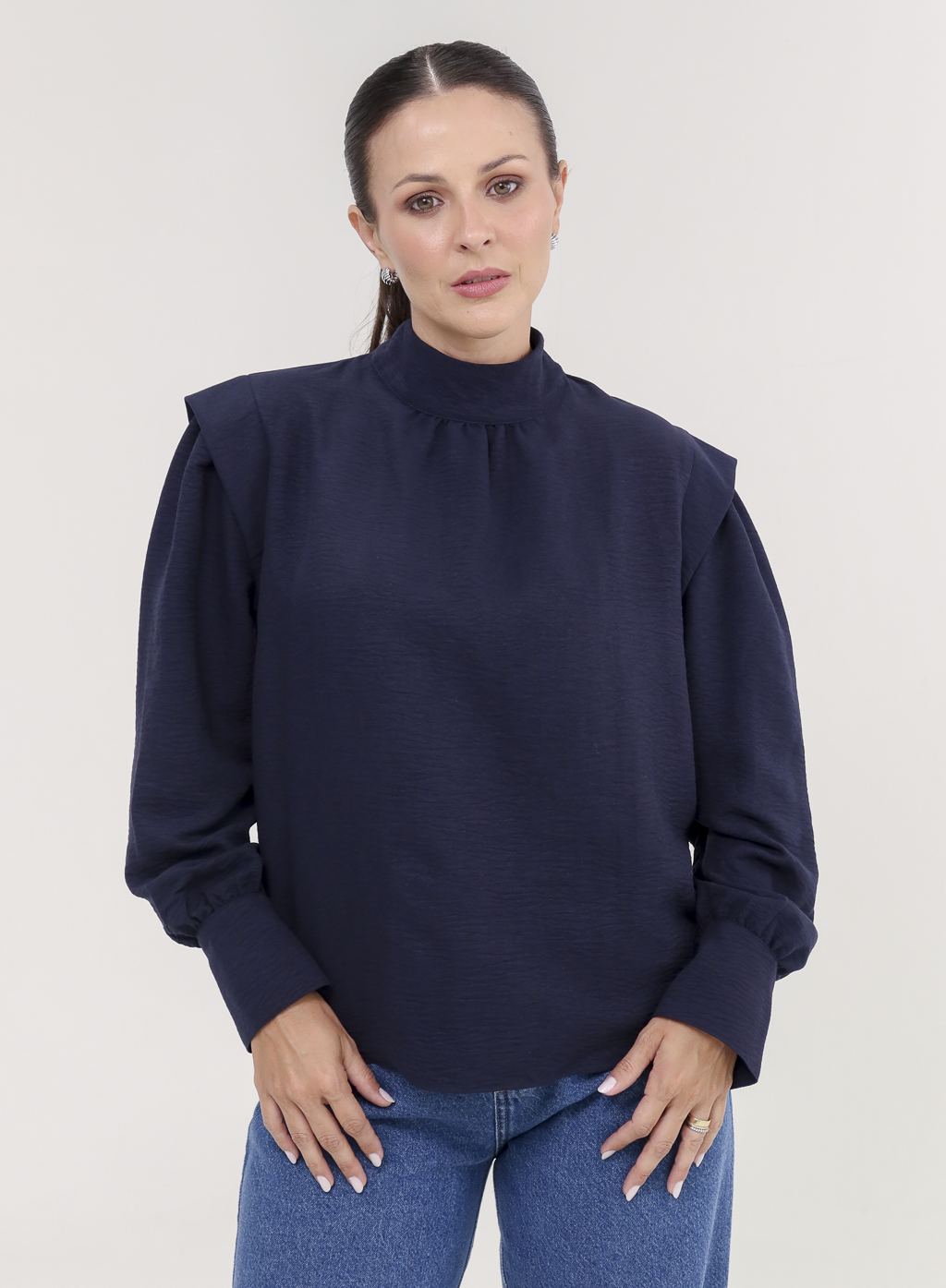 Blusa Tecido Plano Gola Alta Magy - Marinho
