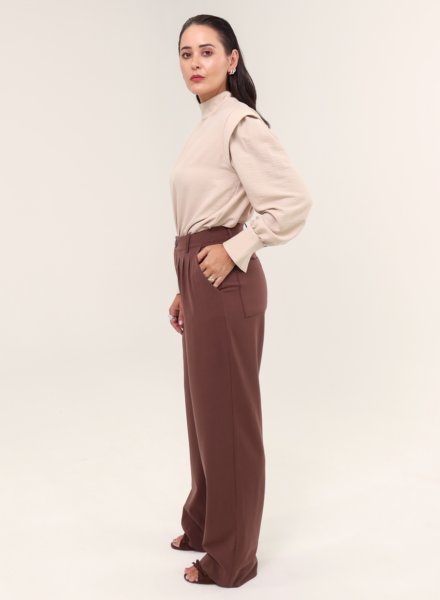 Blusa Tecido Plano Gola Alta Magy - Bege